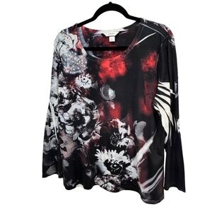 CJ Banks Plus Size Long Sleeve Black Red Floral Embellished T-Shirt Size 1X